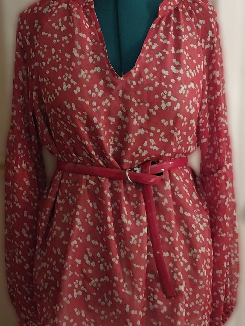 Floral Pink V-Neck Long Sleeve Dress with Belt